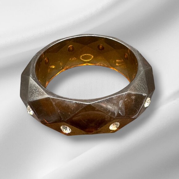 Vintage Lucite Bangle Bracelet Translucent Brown with Clear Round Stones Bling - Picture 3 of 8
